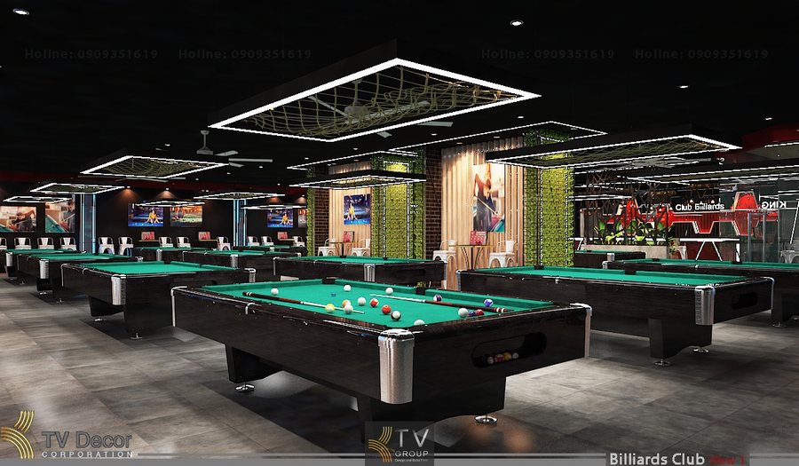 Thiết kế thi công Bida Billiards Club không gian rộng với nhiều bàn bida bố trí chuẩn, trần tối kết hợp đèn LED khung hiện đại, sàn công nghiệp bền chắc, phù hợp mô hình câu lạc bộ bida kinh doanh chuyên nghiệp. 