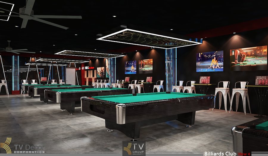 Thiết kế thi công Bida Billiards Club không gian rộng với nhiều bàn bida bố trí chuẩn, trần tối kết hợp đèn LED khung hiện đại, sàn công nghiệp bền chắc, phù hợp mô hình câu lạc bộ bida kinh doanh chuyên nghiệp. 