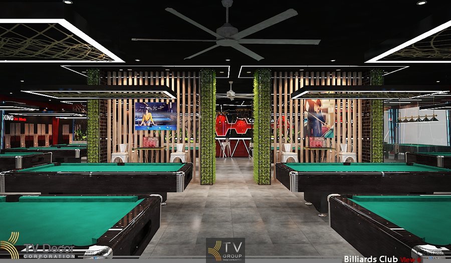 Không gian thiết kế Club Bida nổi bật với bố cục đối xứng, lối đi trung tâm rộng rãi giúp kết nối các khu bàn chơi khoa học. 