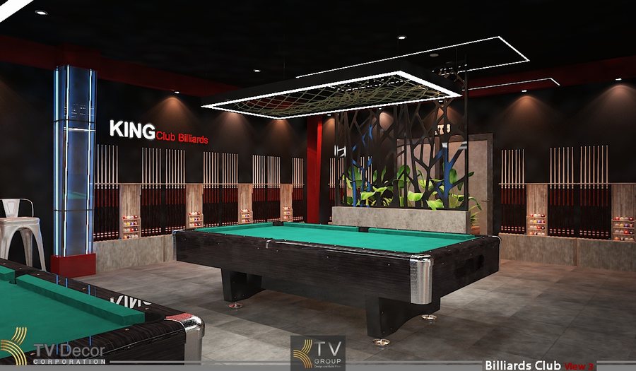 Không gian Club Bida được thiết kế theo phong cách hiện đại, mạnh mẽ với tông màu tối chủ đạo, giúp làm nổi bật mặt bàn bida xanh chuẩn thi đấu. Hệ đèn LED khung vuông treo trần chiếu sáng tập trung, đảm bảo ánh sáng đều và tăng tính chuyên nghiệp. Vách tường trang trí kết hợp lam đứng và mảng xanh tạo chiều sâu, đồng thời giảm cảm giác nặng của không gian kín 