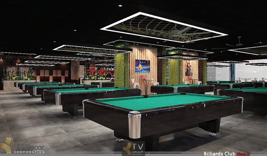 Thiết kế CLB bida hiện đại với không gian rộng, ánh sáng chuẩn thi đấu, bố cục khoa học, phù hợp kinh doanh bền vững.