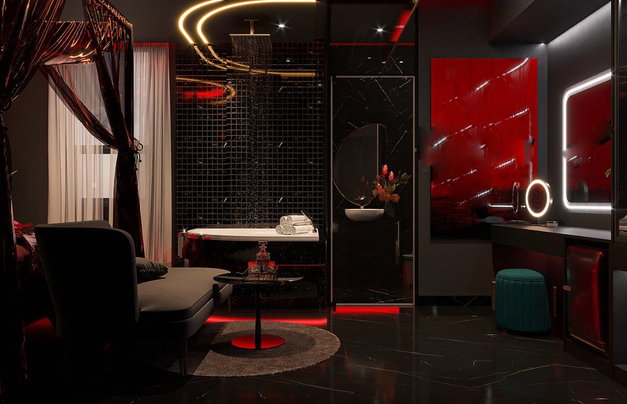 Khám phá mẫu phòng khách sạn chủ đề tình yêu với giường buông rèm đỏ, bồn tắm thư giãn trong phòng và ánh sáng LED vàng – đỏ tạo không gian cao cấp, cuốn hút.