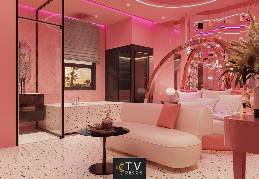 KTV Group mang đến mẫu phòng khách sạn Hồng Pastel ấn tượng, phối hợp nội thất cong mềm mại, gương nghệ thuật và ánh sáng đa lớp tạo trải nghiệm thị giác cuốn hút.