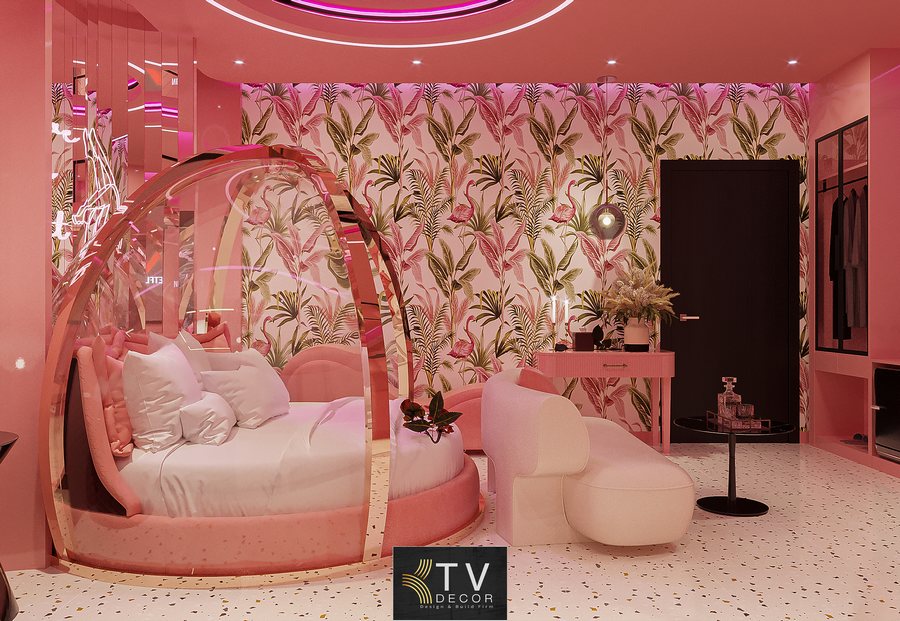 Phòng khách sạn Hồng Pastel Hiện Đại với giường tròn và ánh sáng LED hồng – thiết kế bởi KTV Group
