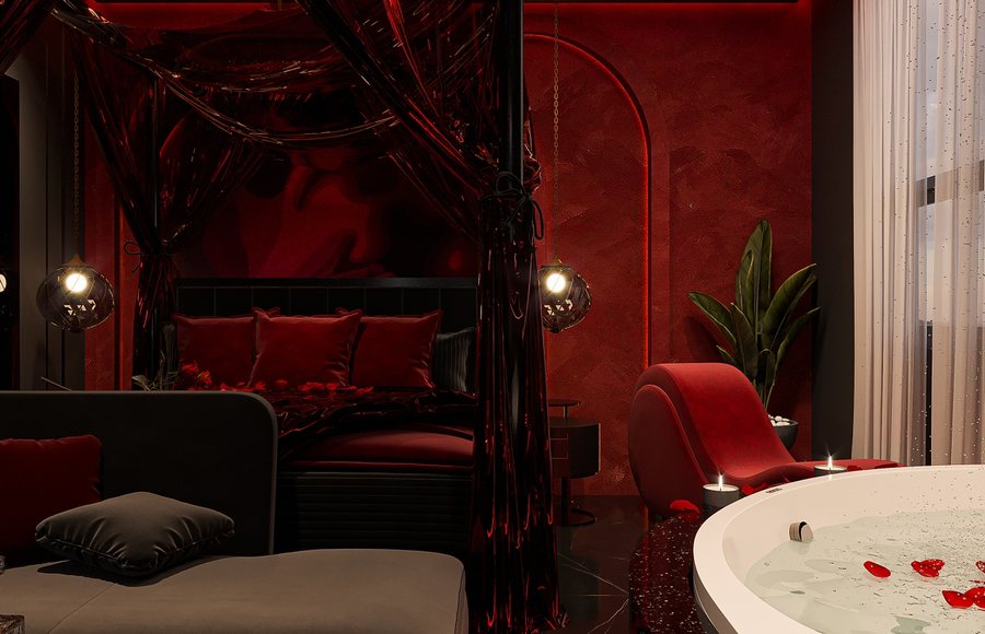 Thiết kế phòng khách sạn chủ đề tình yêu hiện đại với giường buông rèm đỏ, ánh sáng LED và bồn tắm trong phòng sang trọng.