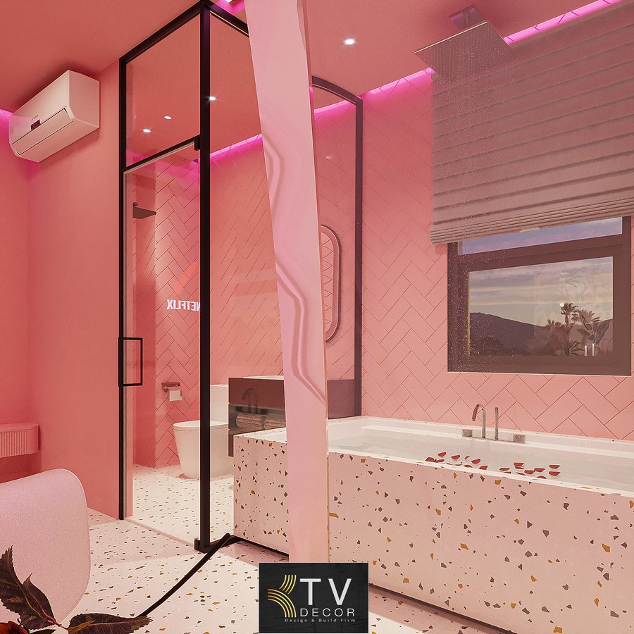 họa tiết tường nhiệt đới và bố trí nội thất mềm mại. Giải pháp phù hợp cho các mô hình khách sạn theo concept nghệ thuật – lãng mạn – trẻ trung.