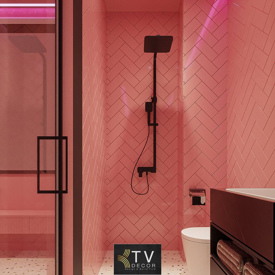 Phong cách Hồng Pastel Hiện Đại Sử dụng gam hồng – pastel chủ đạo kết hợp đường cong mềm mại và ánh sáng neon để tạo cảm giác trẻ trung, bay bổng và bắt mắt.