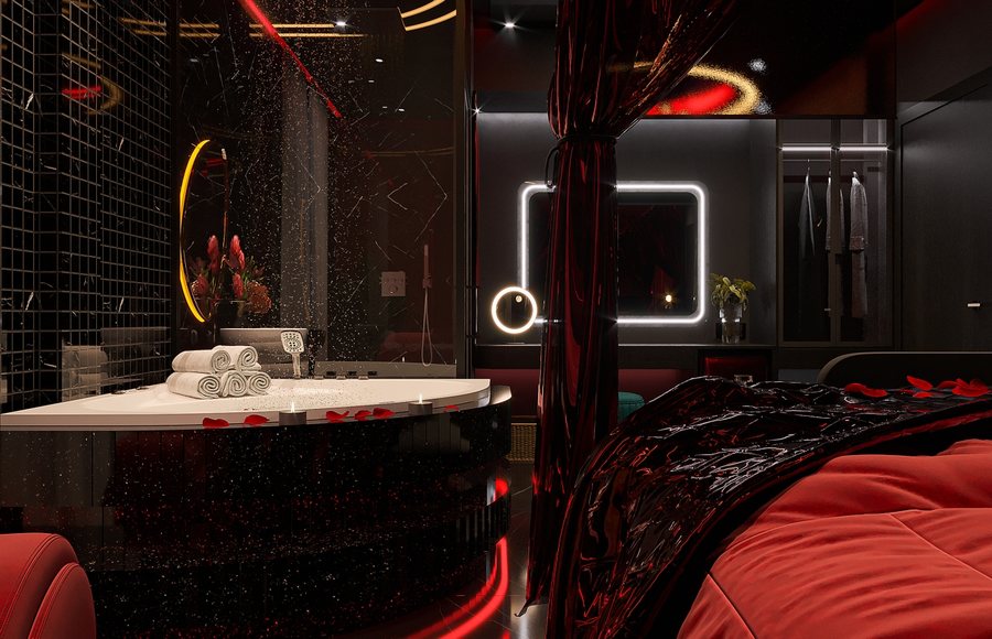 Thiết Kế Phòng Khách Sạn Chủ Đề Tình Yêu Với Giường Rèm & Bồn Tắm Trong Phòng