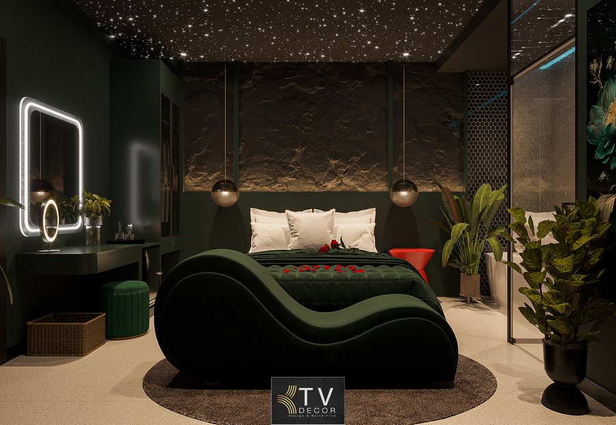 Thiết kế & thi công phòng khách sạn chủ đề lãng mạn phong cách Dark Luxury – Dự án mới KTV GROUP