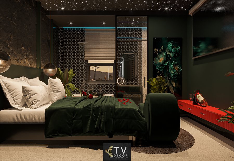 Mẫu thiết kế phòng khách sạn chủ đề lãng mạn phong cách Dark Luxury – Không gian nghỉ dưỡng độc đáo do KTV GROUP thực hiện