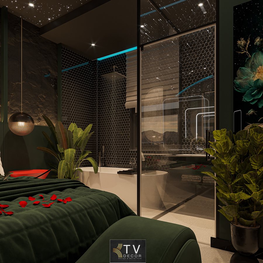 Thiết kế phòng khách sạn chủ đề lãng mạn phong cách Dark Luxury với trần sao, giường cong độc đáo và ánh sáng ấm KTV GROUP