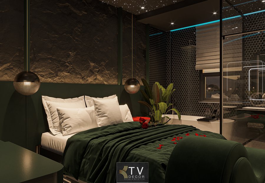 Phòng khách sạn chủ đề lãng mạn phong cách Dark Luxury do KTV GROUP thiết kế, nổi bật giường cong, trần sao, ánh sáng ấm và không gian đầy cảm xúc.