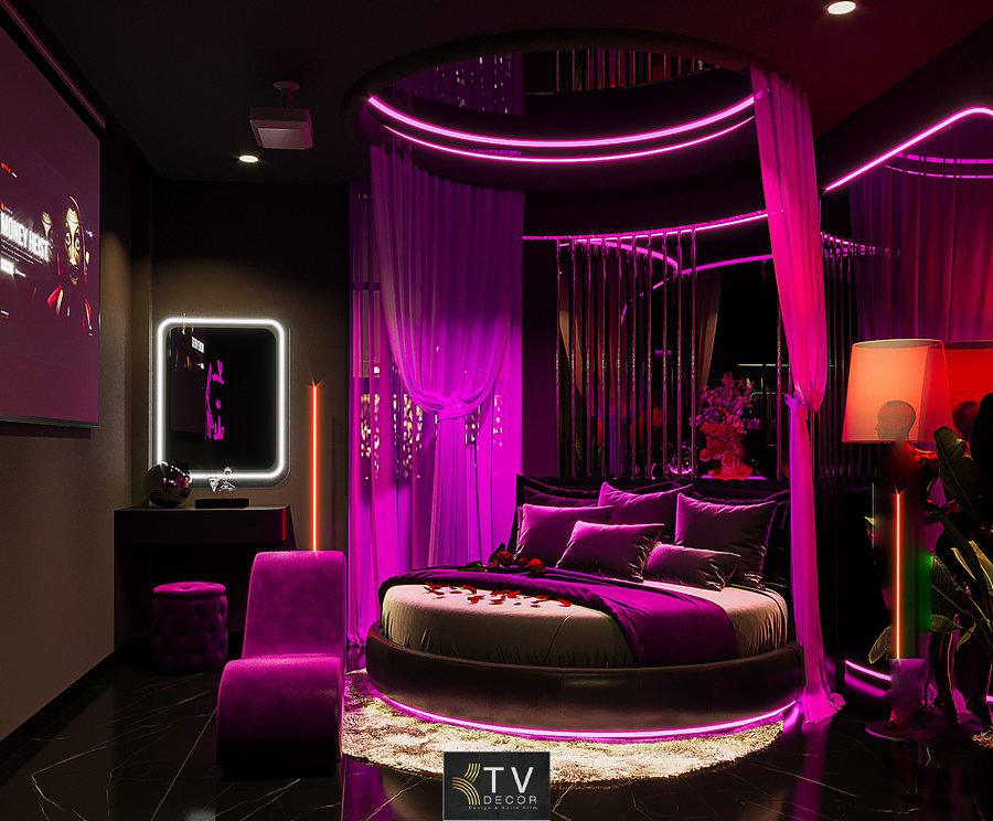Thiết kế phòng khách sạn lãng mạn sắc tím Neon với giường tròn, ánh sáng LED và nội thất sang trọng KTV GROUP