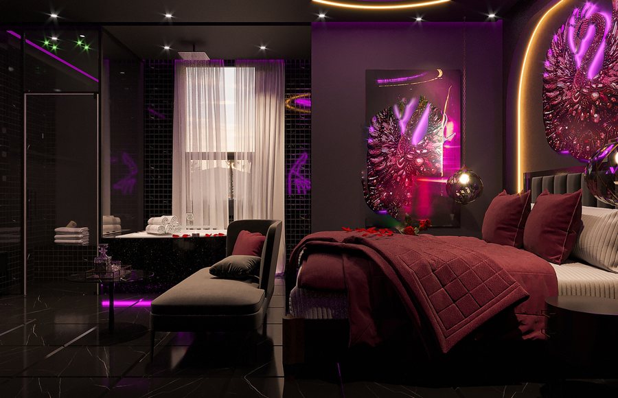 Thiết kế phòng khách sạn chủ đề tình yêu sang trọng, phối ánh sáng nghệ thuật hiện đại, tạo không gian thư giãn – lãng mạn đầy cảm xúc