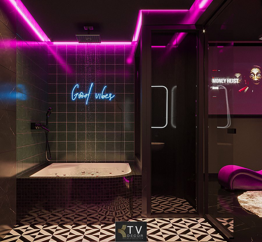 Giường tròn tâm điểm – hiệu ứng thị giác mạnh, sang và lạ. Ánh sáng LED Neon vòng tròn – tạo dấu ấn đặc biệt, dễ viral trên mạng xã hội. Rèm voan tím nhiều lớp giúp làm mềm không gian và tăng sự riêng tư. Bố trí nội thất tối ưu lối đi dù diện tích không lớn. Toàn bộ màu sắc – ánh sáng – vật liệu được phối theo concept Neon Luxury 2025.