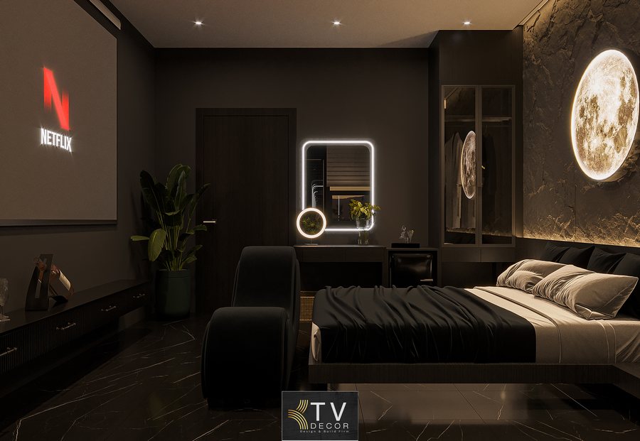 Mẫu thiết kế thi công phòng khách sạn lãng mạn với ánh sáng nghệ thuật, nội thất cao cấp, xu hướng 2025–2026. Dự án được thực hiện bởi KTV Group.