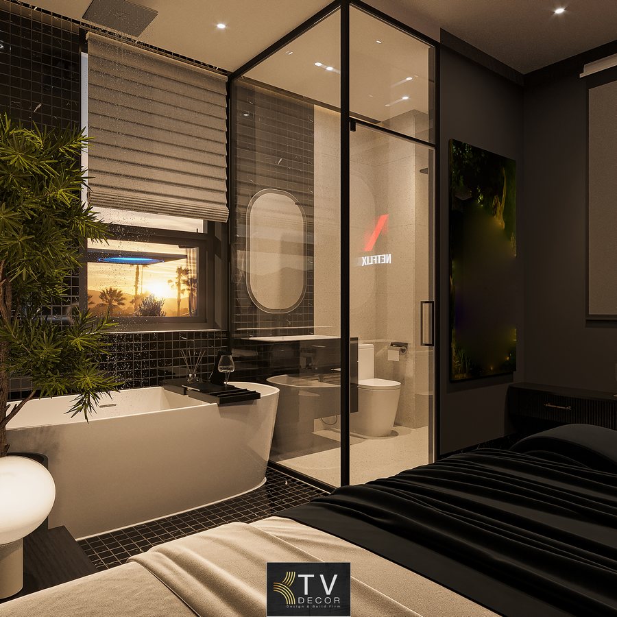 • Diện tích phòng: 28–35 m², tối ưu hóa không gian nhưng vẫn giữ sự thoáng đãng. • Tông màu chủ đạo: Đen – xám đá – ánh vàng ấm, tạo chiều sâu và cảm giác sang trọng. • Chất liệu sử dụng: