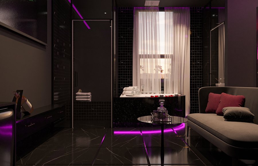 Mẫu phòng khách sạn tình yêu phong cách hiện đại, nổi bật với hệ LED tím hồng, điểm nhấn trang trí ấn tượng và bố cục tối giản tinh tế
