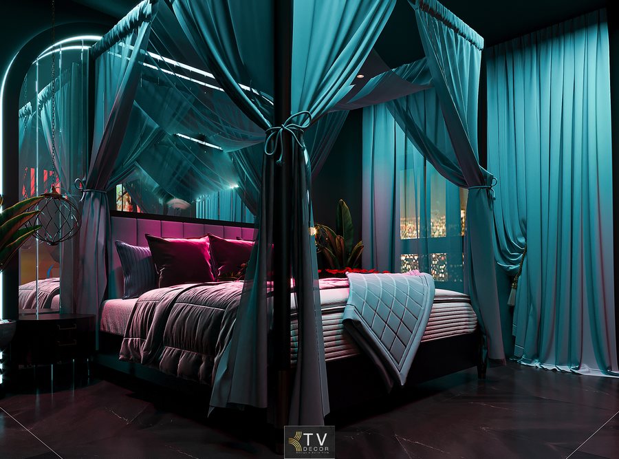 Không gian phòng khách sạn phong cách lãng mạn với bố cục sáng tạo, màu sắc ấn tượng và ánh sáng LED đa lớp theo xu hướng 2025–2026, mang đến trải nghiệm riêng tư