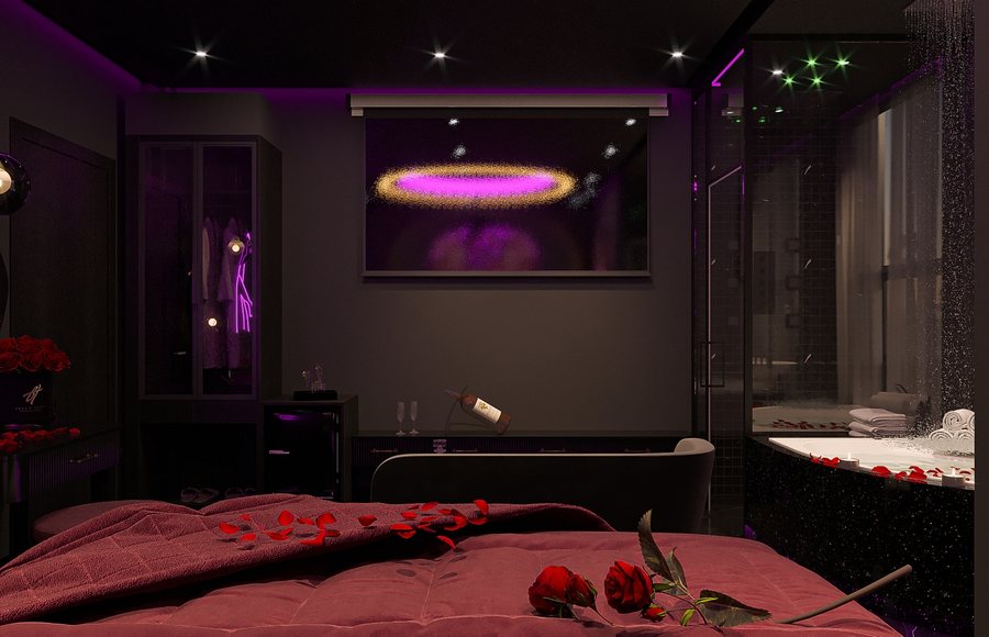 Mẫu thiết kế phòng khách sạn chủ đề tình yêu sang trọng, ánh sáng tím hồng hiện đại, nghệ thuật trang trí nổi bật, mang lại cảm giác lãng mạn và riêng tư.