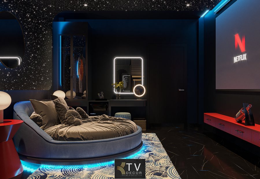 Mẫu Phòng Khách Sạn Chủ Đề Lãng Mạn – Concept Dải Ngân Hà Hiện Đại, Ánh Sáng LED & Nội Thất Cao Cấp