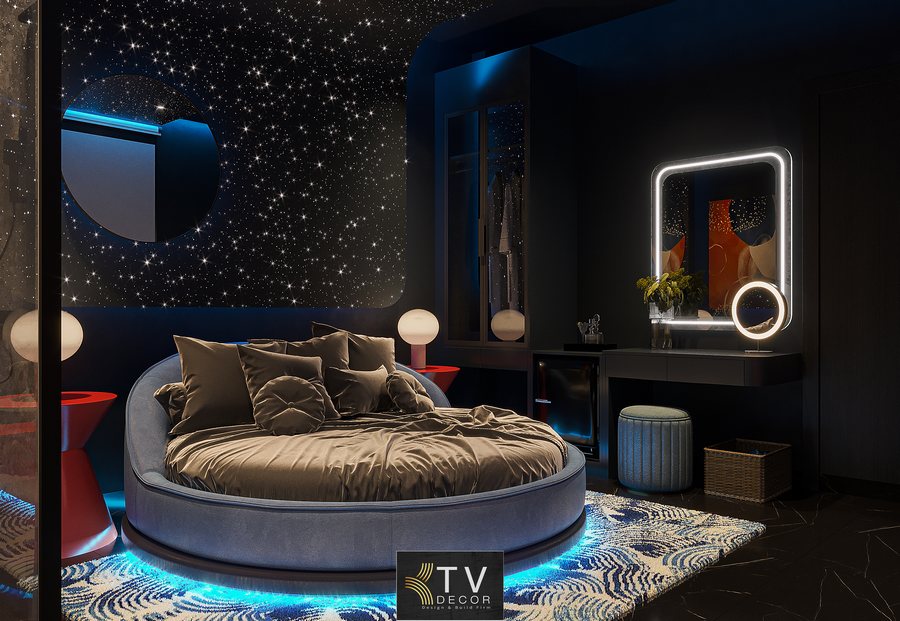 Phòng khách sạn phong cách vũ trụ với giường tròn, trần sao và ánh sáng LED hiện đại