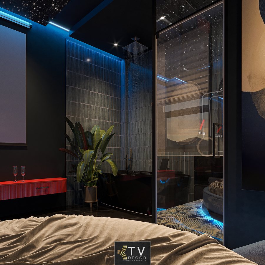 Mẫu thiết kế thi công phòng khách sạn lãng mạn phong cách vũ trụ ấn tượng: trần sao, giường tròn, ánh sáng LED cao cấp. Dự án KTV Group 2025–2026.