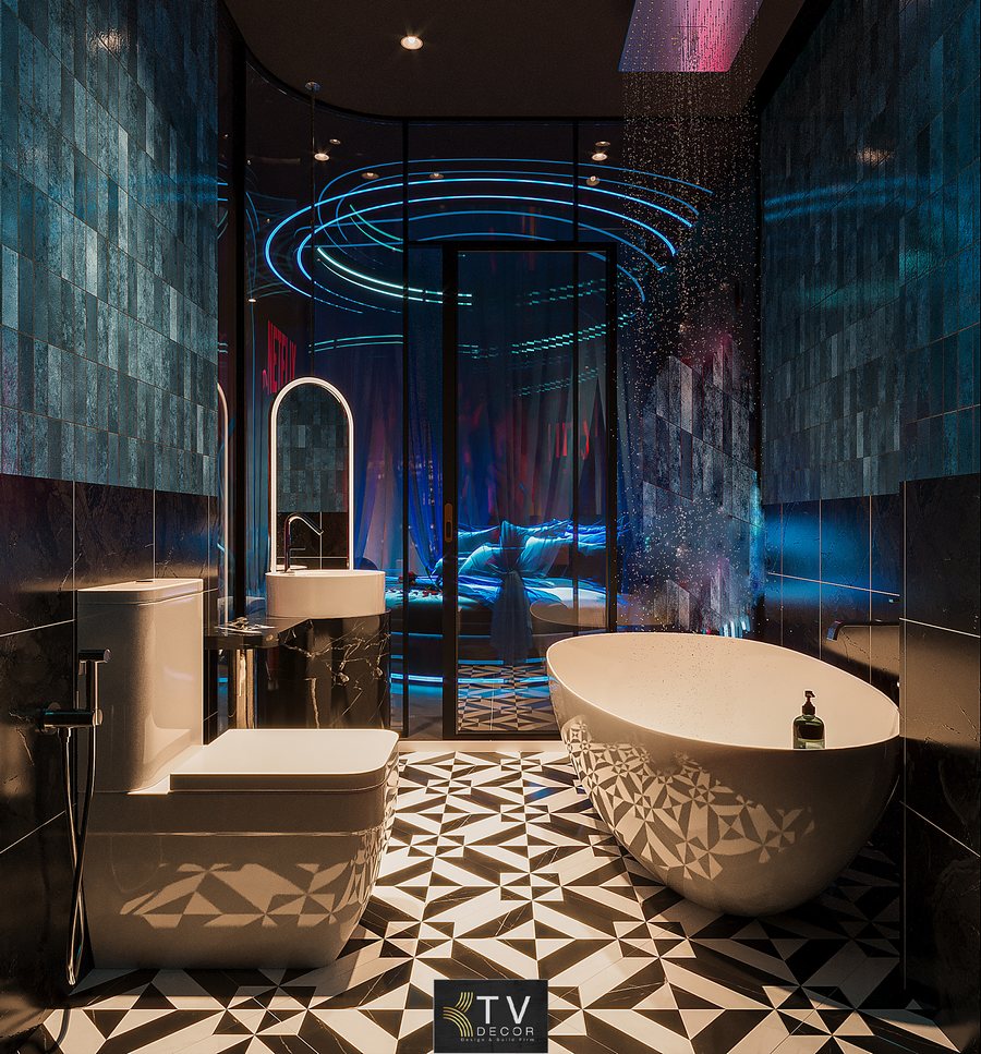 Thiết Kế Thi Công Phòng Khách Sạn Lãng Mạn Cao Cấp Với Concept Ánh Sáng Xanh Huyền Ảo – Xu Hướng 2025–2026 1