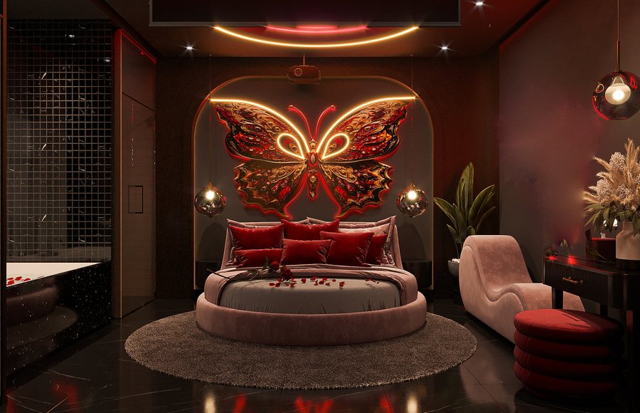 Thiết kế phòng khách sạn chủ đề tình yêu cao cấp với phong cách hiện đại, ánh sáng ấm áp và nghệ thuật trang trí tạo nên không gian lãng mạn tinh tế