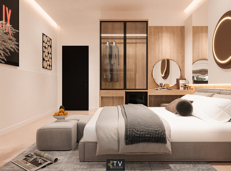 Phòng khách sạn chủ đề tình yêu phong cách tối giản, ánh sáng ấm, nội thất gỗ sang trọng – thiết kế bởi KTV GROUP theo xu hướng 2025–2026.