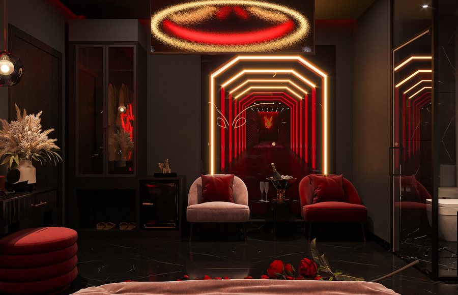 Thiết kế phòng khách sạn tình yêu hiện đại với điểm nhấn hồ điệp và ánh sáng đỏ ấm