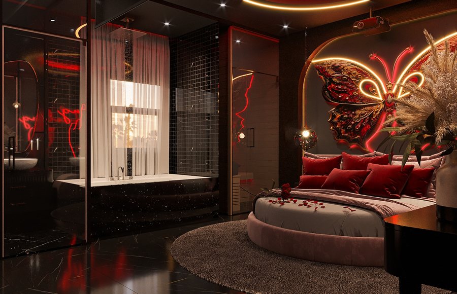 Thiết kế phòng khách sạn chủ đề tình yêu hiện đại với gam đỏ ấm, ánh sáng nghệ thuật và điểm nhấn hồ điệp độc đáo, tạo không gian sang trọng và cuốn hút.