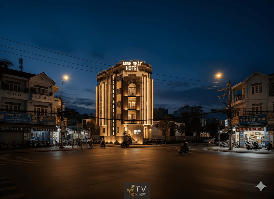 Mặt tiền khách sạn chủ đề tình yêu phong cách Ánh Sáng Vertical Light sang trọng – Thiết kế hiện đại 2025 từ KTV GROUP