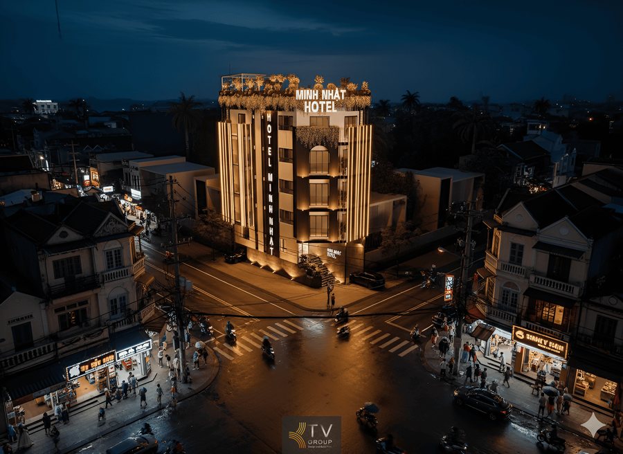 Mẫu mặt tiền khách sạn chủ đề tình yêu phong cách Vertical Light tối ưu nhận diện ban đêm theo xu hướng kiến trúc 2025–2026