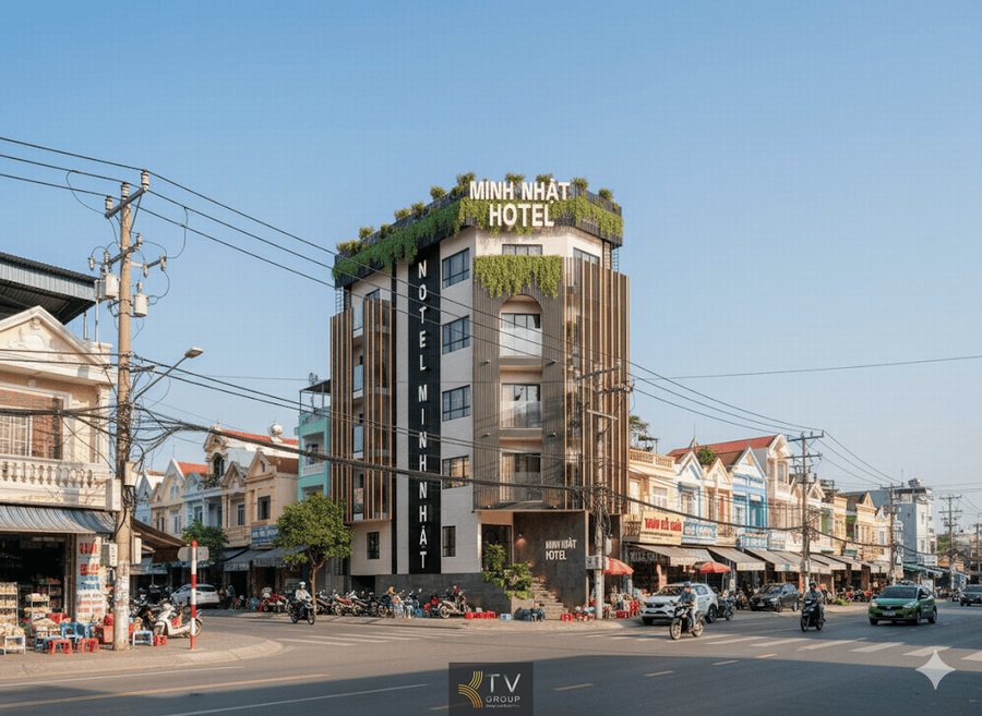 Mặt tiền khách sạn phong cách Vertical Light sang trọng, ánh sáng nổi bật ban đêm, tạo nhận diện mạnh mẽ – thiết kế bởi KTV GROUP.