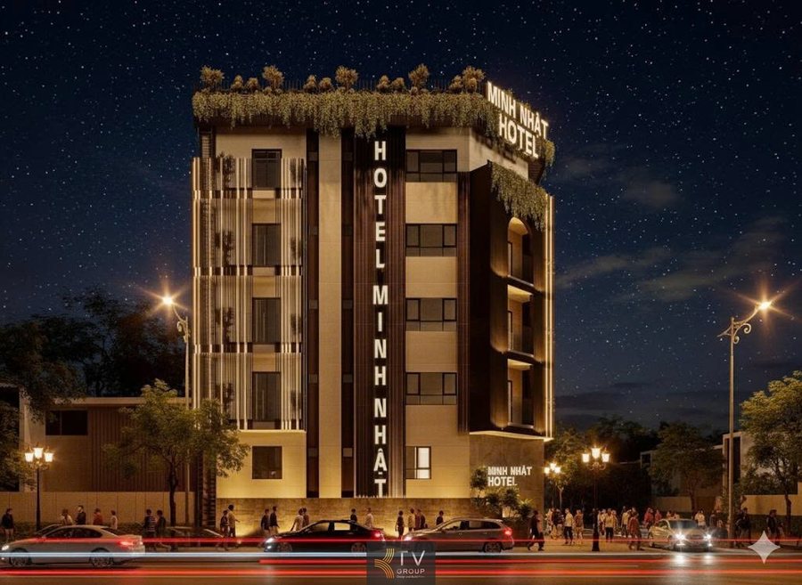 mặt tiền khách sạn, thiết kế khách sạn vertical light, khách sạn chủ đề tình yêu, facade khách sạn hiện đại, KTV GROUP 2025, kiến trúc đêm