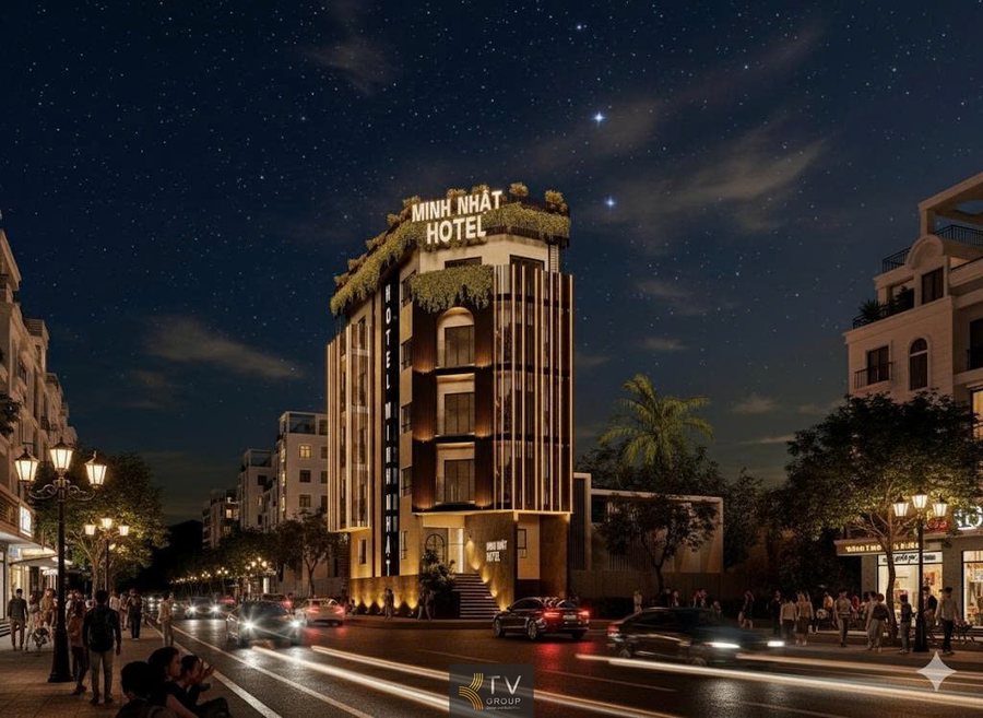 Chiều cao: 5–6 tầng Diện tích mặt tiền: 8–12m Hình khối đứng mạnh mẽ, cân đối theo tỉ lệ vàng.