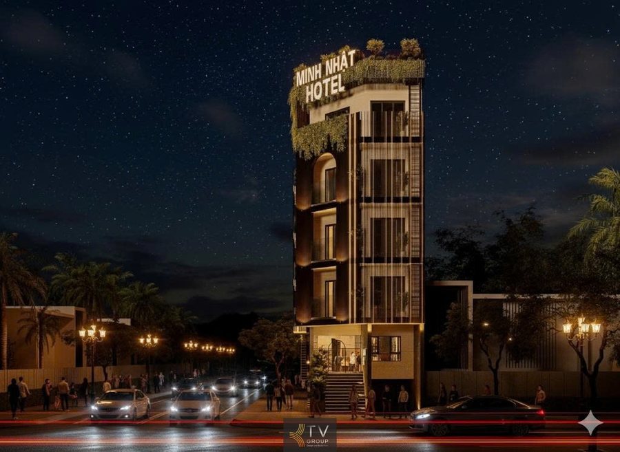 Đặc điểm nổi bật của thiết kế Hệ cột Vertical Light chạy dọc mặt tiền, tạo sự sang trọng và khiến công trình tỏa sáng khi trời tối. Logo khách sạn đặt ở vị trí cao, dễ nhìn từ nhiều hướng giao lộ. Ban công cây xanh, tạo sự mềm mại, giúp công trình gần gũi với thiên nhiên. Tầng trệt lùi nhẹ, tạo không gian đón khách sang trọng và thuận tiện. Ánh sáng vàng ấm xuyên suốt, giúp tòa nhà trở thành điểm nhấn nổi bật của khu phố.