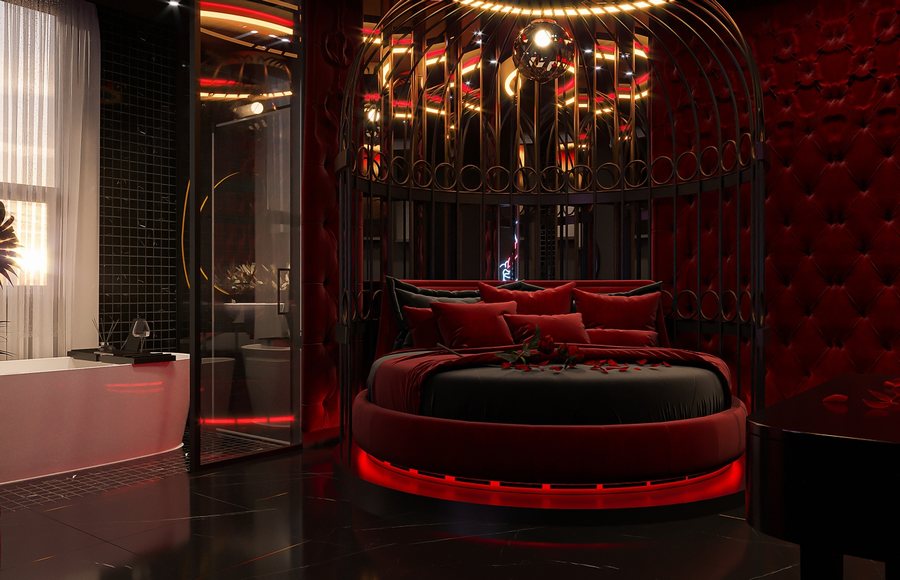 Thiết kế phòng khách sạn chủ đề tình yêu hiện đại, gam đỏ – đen cá tính, phối ánh sáng nghệ thuật tạo nên không gian sang trọng và đầy cảm hứng