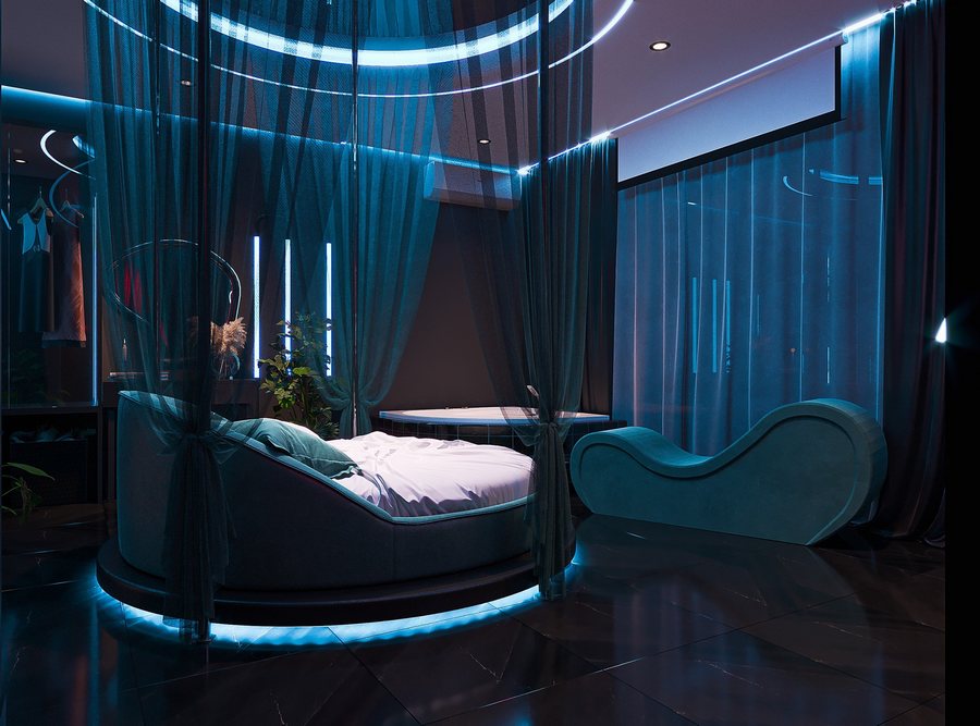 Thiết kế thi công phòng khách sạn chủ đề lãng mạn hiện đại với ánh sáng Blue Concept – Dự án mới KTV Group