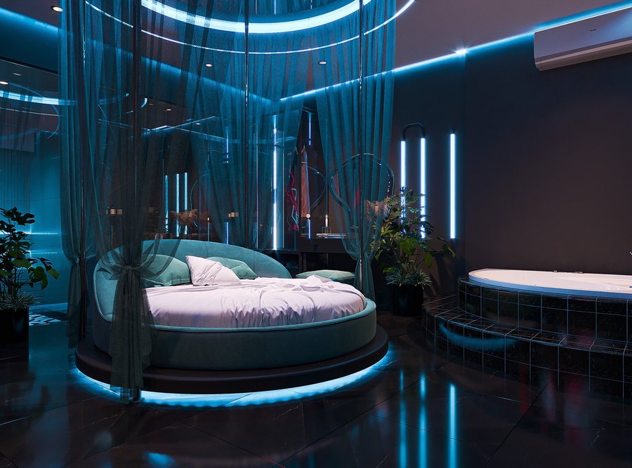 Thiết kế thi công phòng khách sạn phong cách Blue Glow hiện đại, ánh sáng xanh nổi bật, tối ưu trải nghiệm nghỉ dưỡng theo xu hướng 2025–2026.