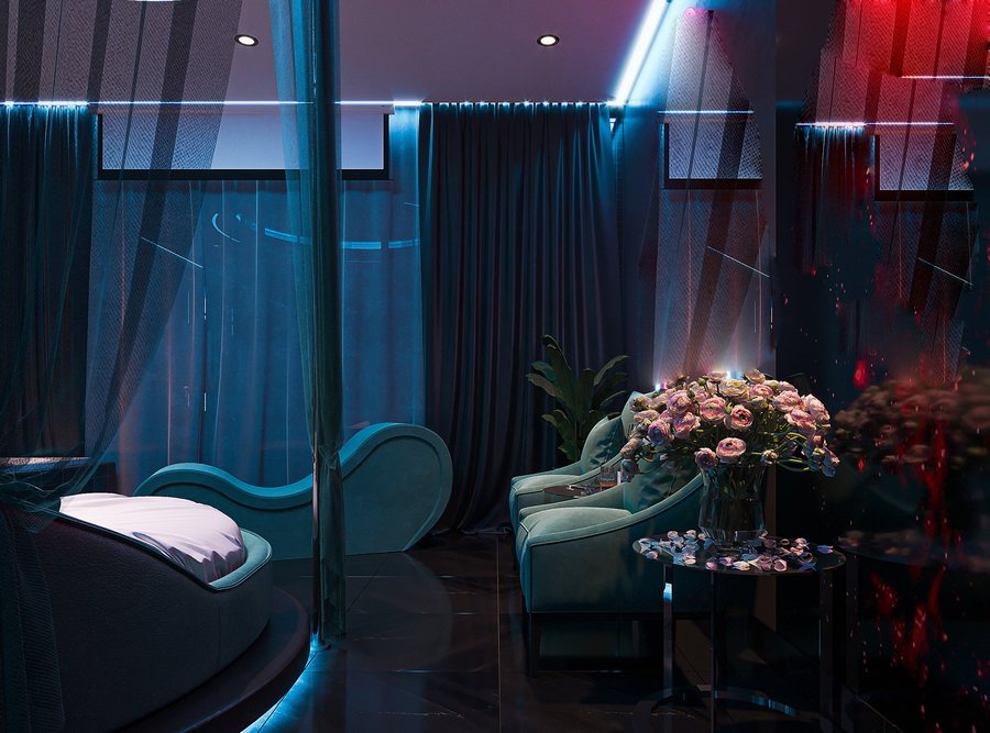 thiết kế khách sạn chủ đề, thi công khách sạn, phòng nghỉ lãng mạn, phong cách blue glow, thiết kế khách sạn 2025, KTV Group