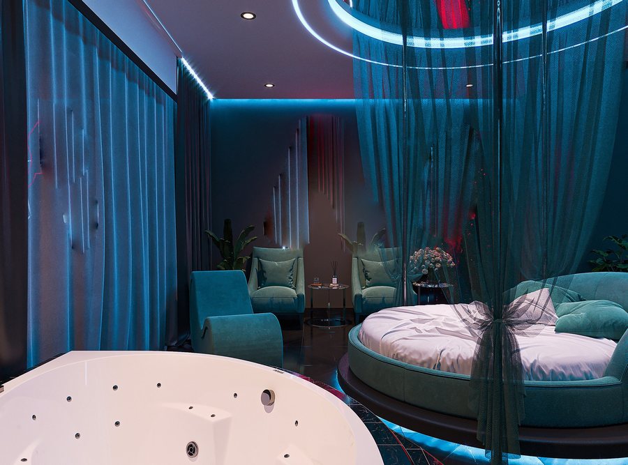 Phong cách Blue Glow Romantic – tập trung vào ánh sáng xanh dịu, đường cong mềm và vật liệu sang trọng mang đến cảm giác thư giãn, tinh tế và khác biệt.