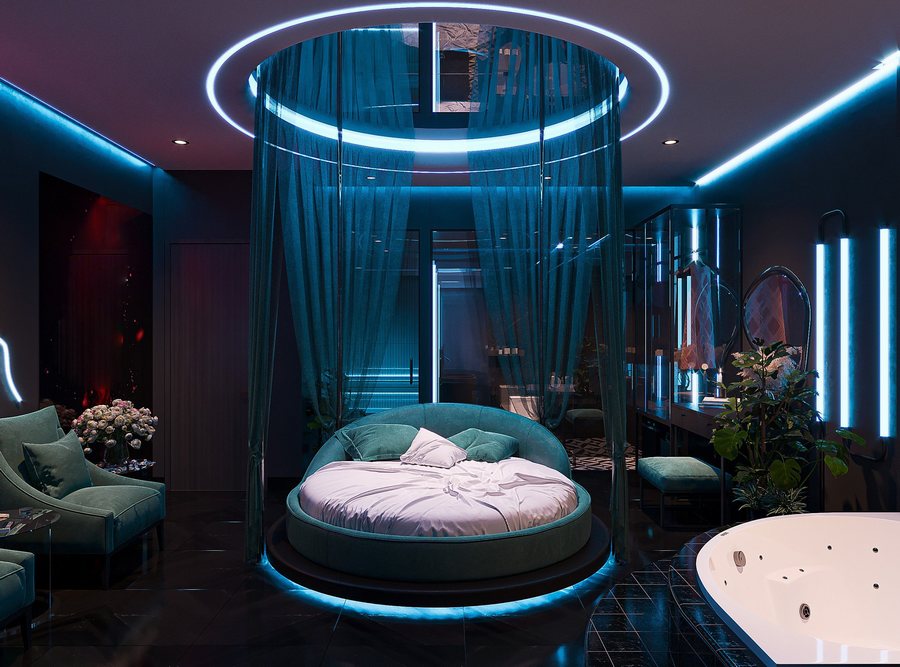 Phòng được thiết kế theo diện tích 40–50m², tối ưu không gian thư giãn và sự riêng tư. Tông màu chủ đạo là xanh đen – xanh ánh điện – ghi than giúp không gian vừa sang trọng vừa hiện đại.