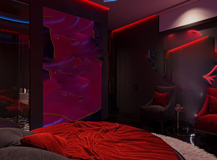 Thiết kế thi công phòng khách sạn chủ đề lãng mạn phong cách Red Vision với ánh sáng đỏ nghệ thuật và hiệu ứng phản chiếu hiện đại – KTV Group