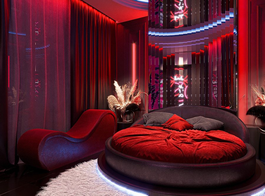 Giải pháp thiết kế thi công phòng khách sạn phong cách Red Vision nổi bật bằng ánh sáng đỏ, gương đa lớp và không gian cảm xúc mạnh mẽ theo xu hướng 2025–2026