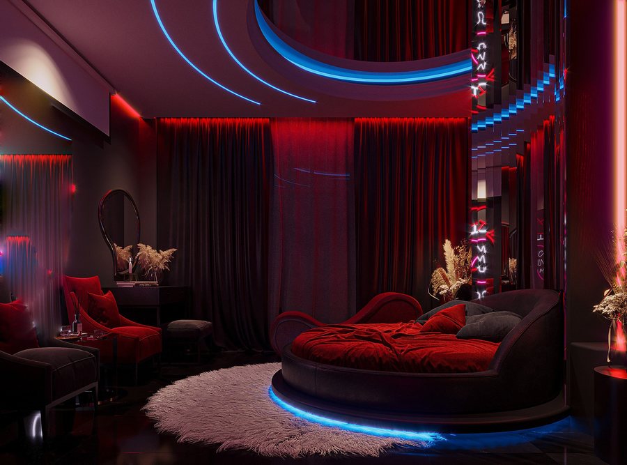 thiết kế phòng khách sạn lãng mạn phong cách red vision ánh sáng đỏ