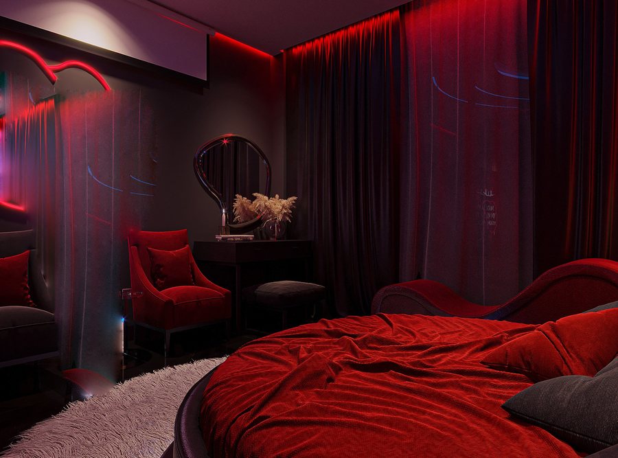 Thiết kế phòng khách sạn Red Vision với ánh sáng đỏ nghệ thuật, gương đa lớp và bố cục hiện đại, tạo trải nghiệm nổi bật theo xu hướng 2025–2026.