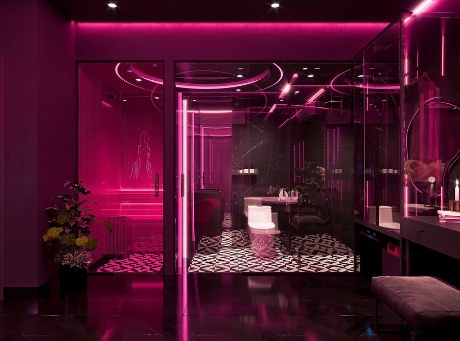 Concept Red Vision Glow – khai thác chiều sâu ánh sáng đỏ, gương nghệ thuật và chất liệu tối màu tạo hiệu ứng thị giác nổi bật và sang trọng.