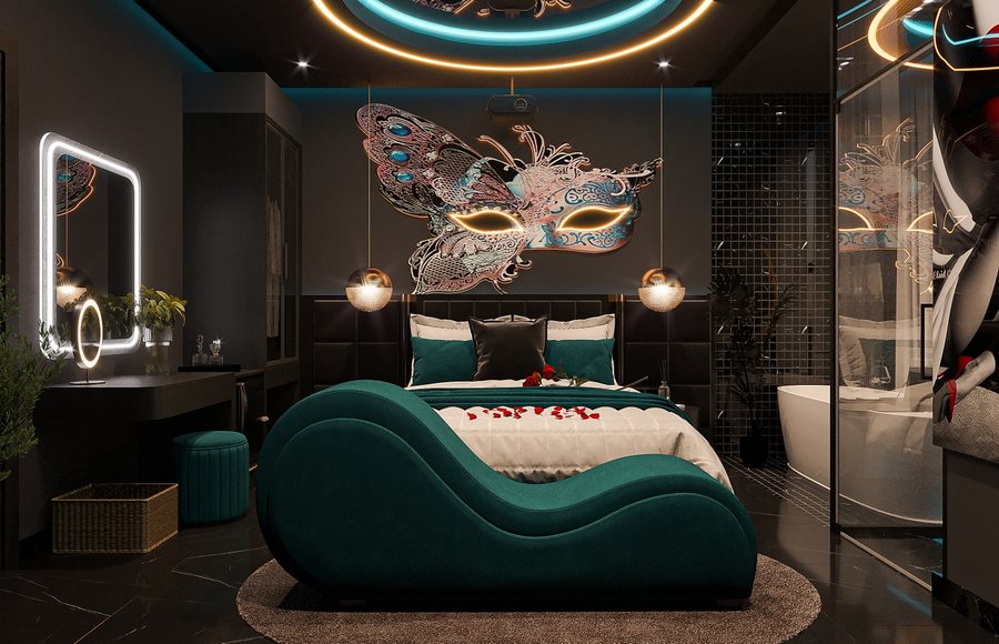 Thiết kế phòng khách sạn chủ đề tình yêu phong cách Nghệ Thuật Luxury Mask với giường đôi, ánh sáng LED và nội thất cao cấp.